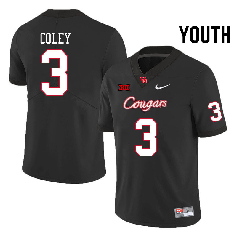 Youth #3 Lucas Coley Houston Cougars Big 12 XII College Football Jerseys Stitched-Black - Click Image to Close